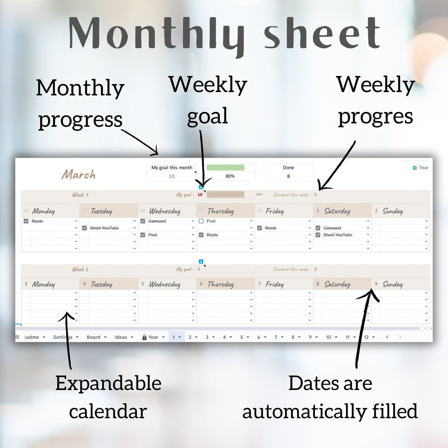 12-Month Social Media Content & Feed Planner – Google Sheets