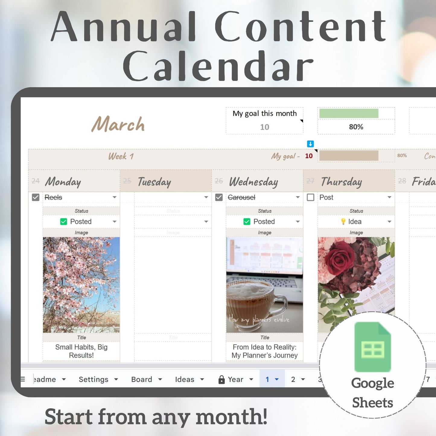12-Month Social Media Content & Feed Planner – Google Sheets