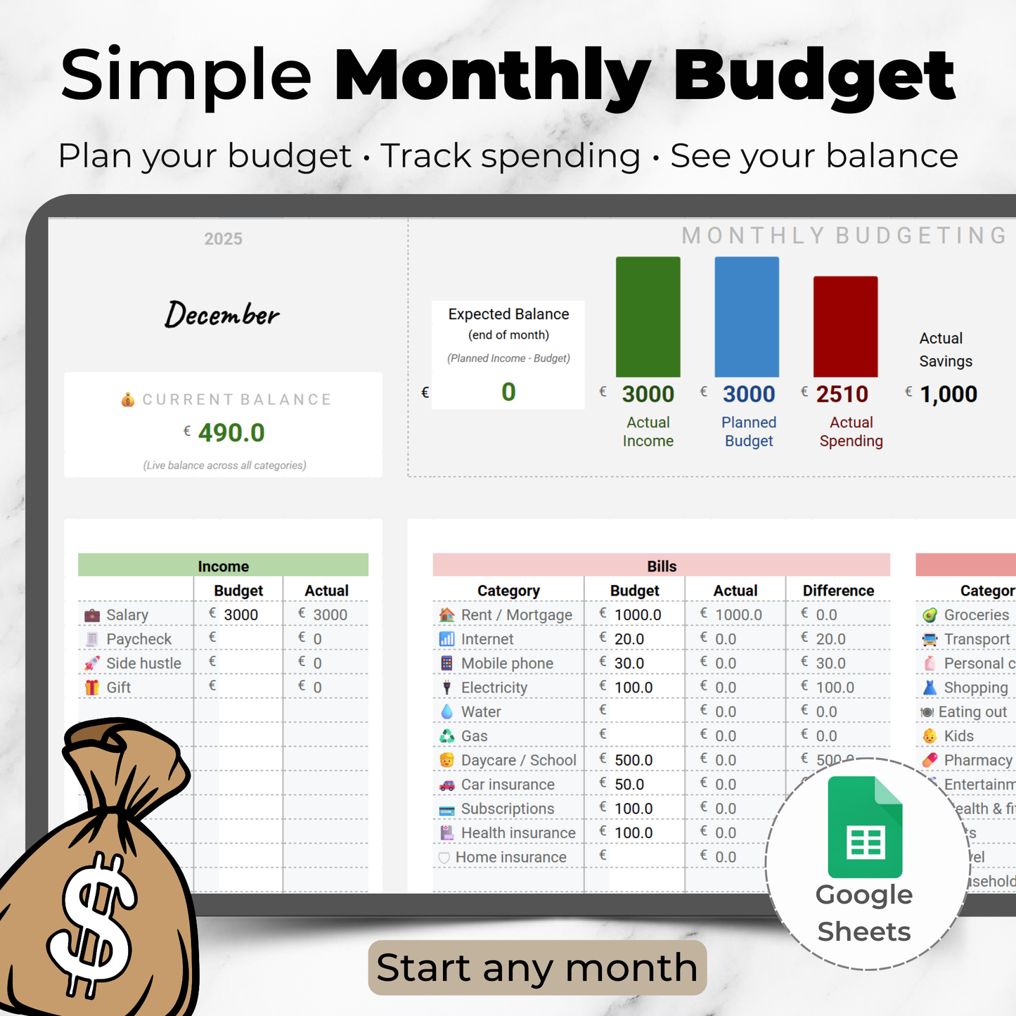 Simple Monthly Budget Spreadsheet for Google Sheets | Income & Expense Tracker