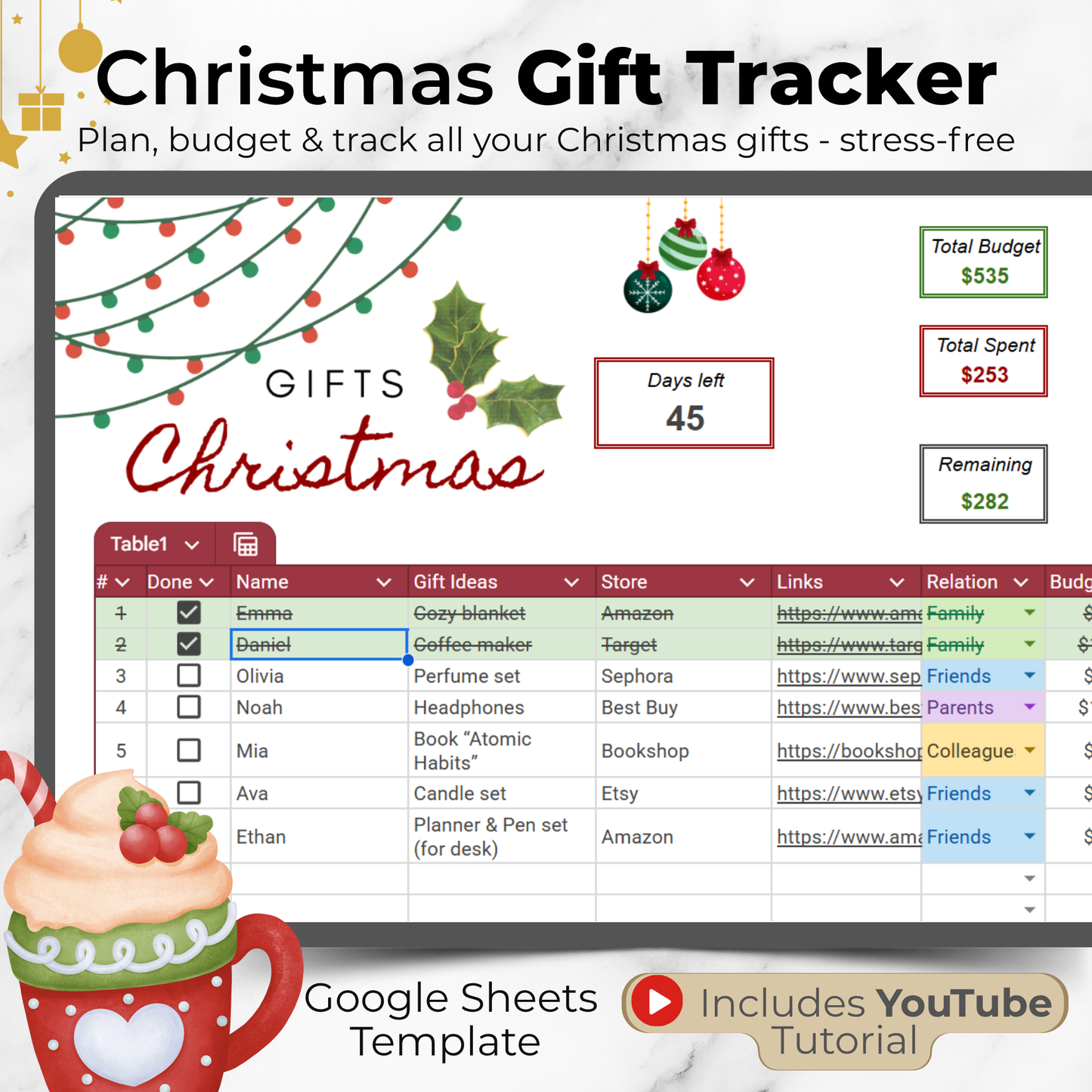 Christmas Gift Tracker Template - Google Sheets Planner for Gifts, Budget & Delivery