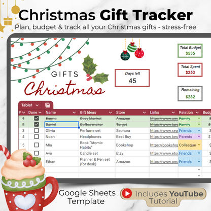 Christmas Gift Tracker Template - Google Sheets Planner for Gifts, Budget & Delivery