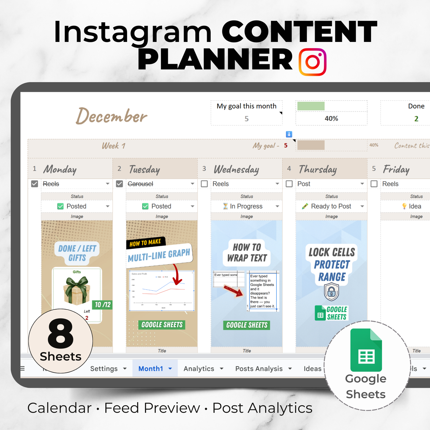 Instagram Content Planner with Analytics - Calendar, Feed Preview and Growth Tracker for Google Sheets
