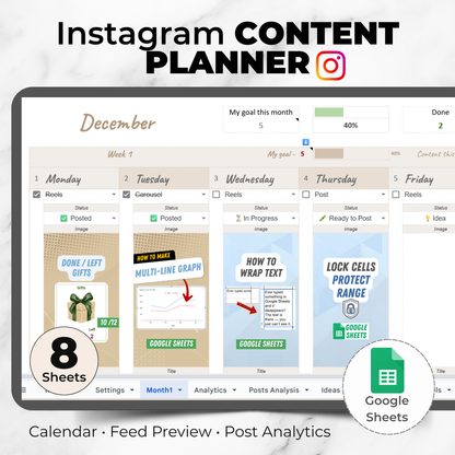 Instagram Content Planner with Analytics - Calendar, Feed Preview and Growth Tracker for Google Sheets