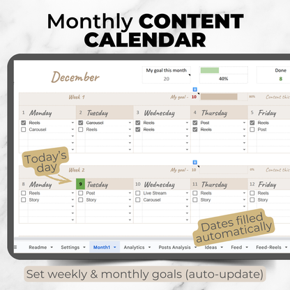 Instagram Content Planner with Analytics - Calendar, Feed Preview and Growth Tracker for Google Sheets