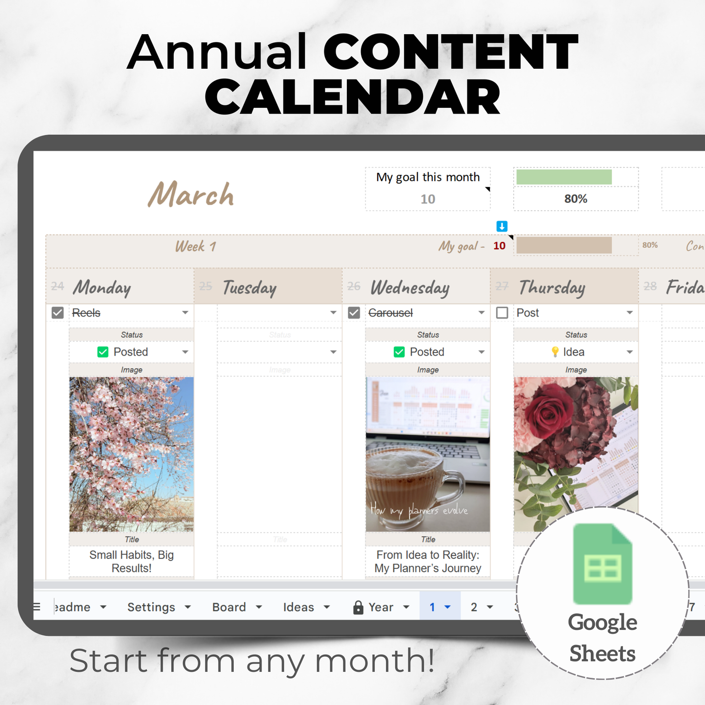 12-Month Social Media Content & Feed Planner – Google Sheets