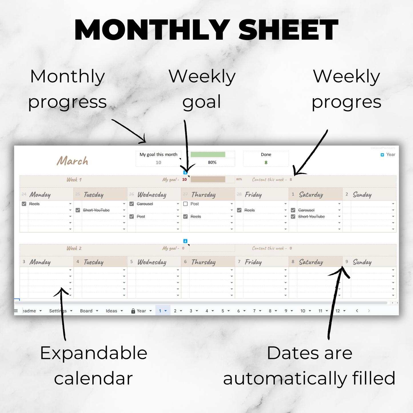 Instagram Content Planner with Analytics - Calendar, Feed Preview and Growth Tracker for Google Sheets