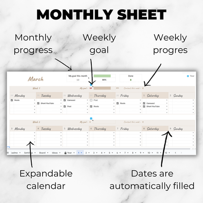Instagram Content Planner with Analytics - Calendar, Feed Preview and Growth Tracker for Google Sheets