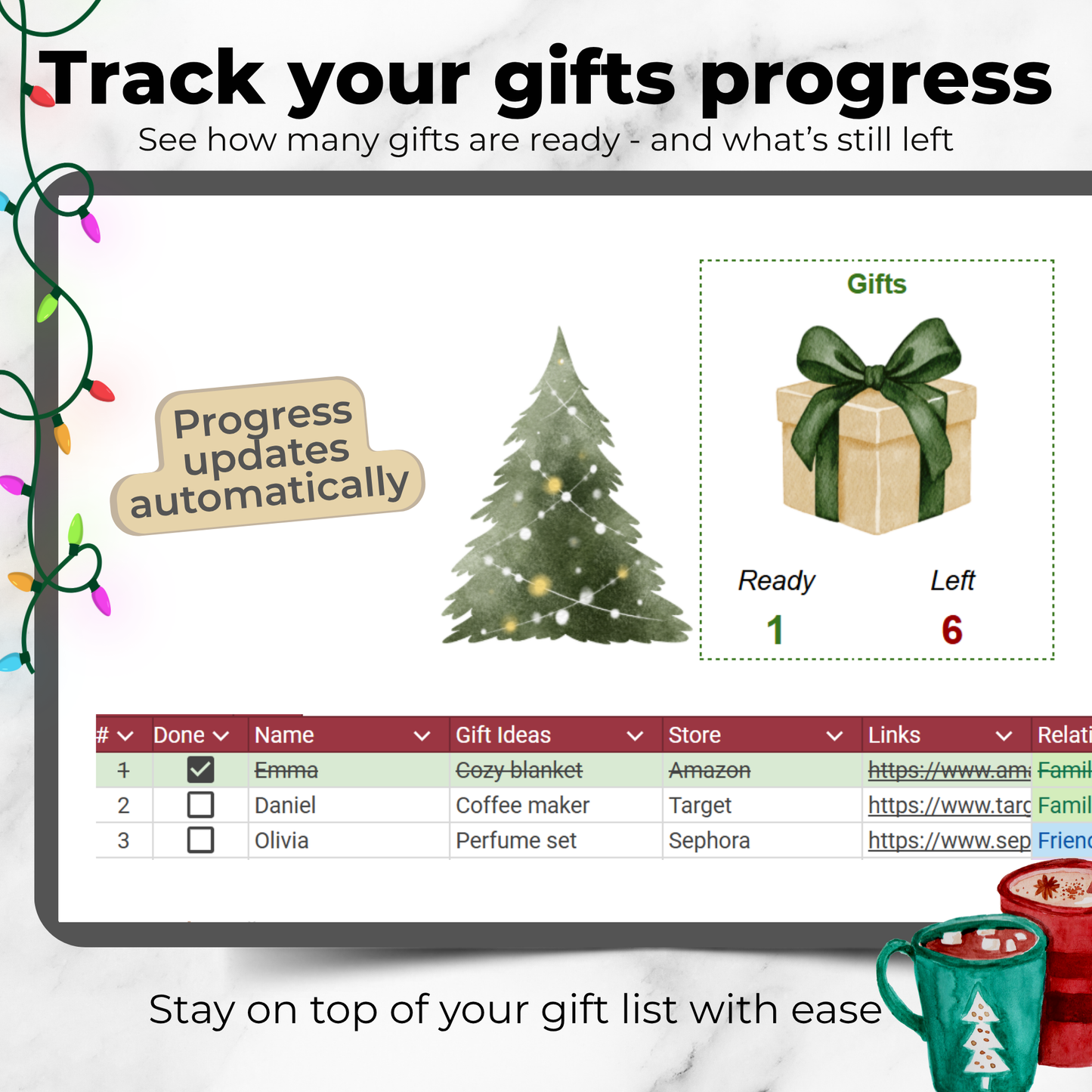 Christmas Gift Tracker Template - Google Sheets Planner for Gifts, Budget & Delivery