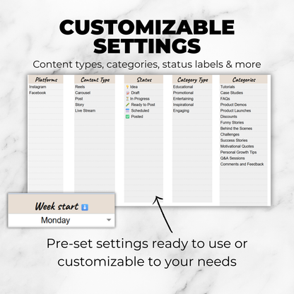 Instagram Content Planner with Analytics - Calendar, Feed Preview and Growth Tracker for Google Sheets