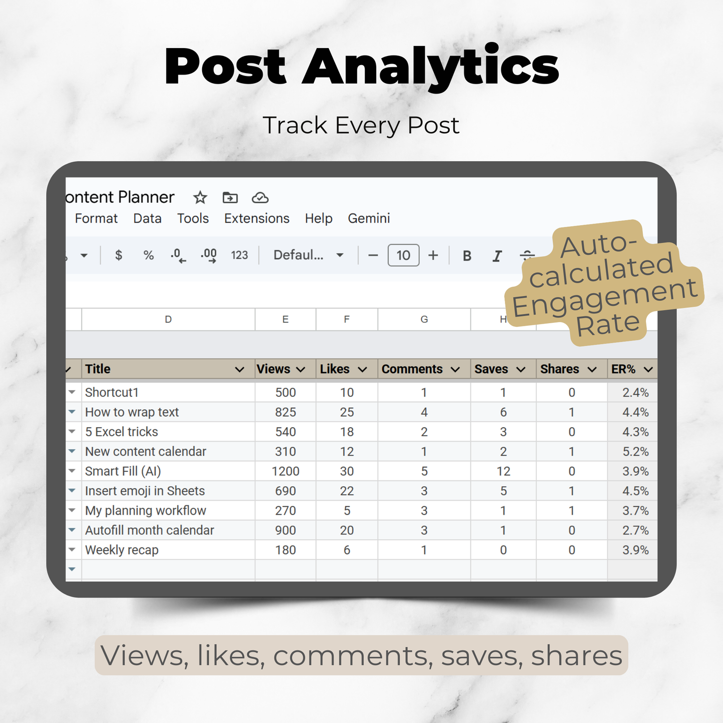 Instagram Content Planner with Analytics - Calendar, Feed Preview and Growth Tracker for Google Sheets