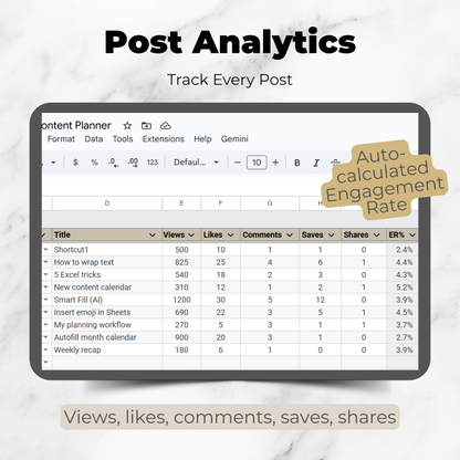 Instagram Content Planner with Analytics - Calendar, Feed Preview and Growth Tracker for Google Sheets