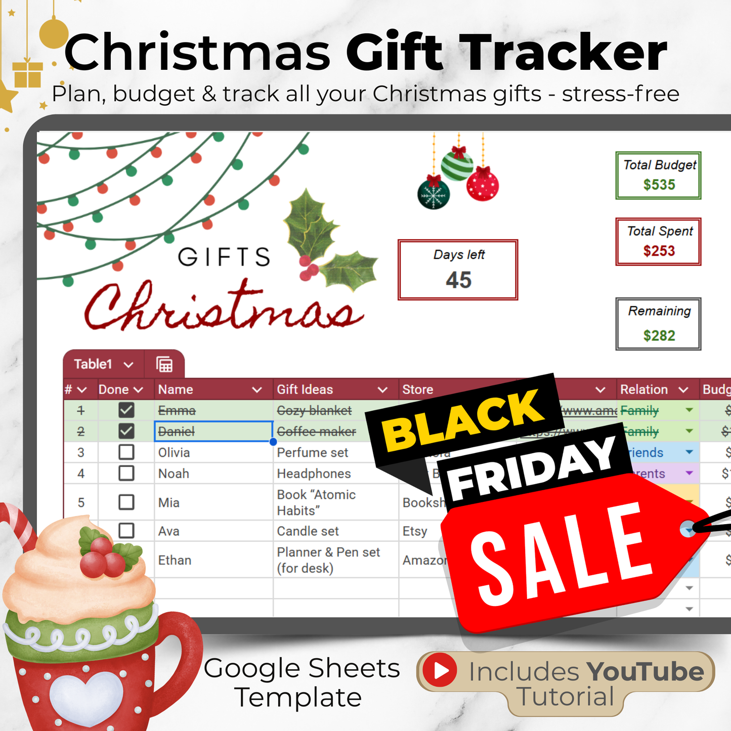 Christmas Gift Tracker Template - Google Sheets Planner for Gifts, Budget & Delivery