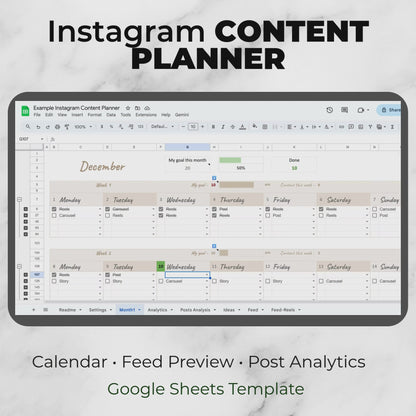 Instagram Content Planner with Analytics - Calendar, Feed Preview and Growth Tracker for Google Sheets